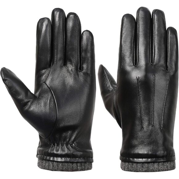Men's Black Luxury Italian Sheepskin Fleece Lining Leather Dress Driving Gloves - Picture 1 of 7